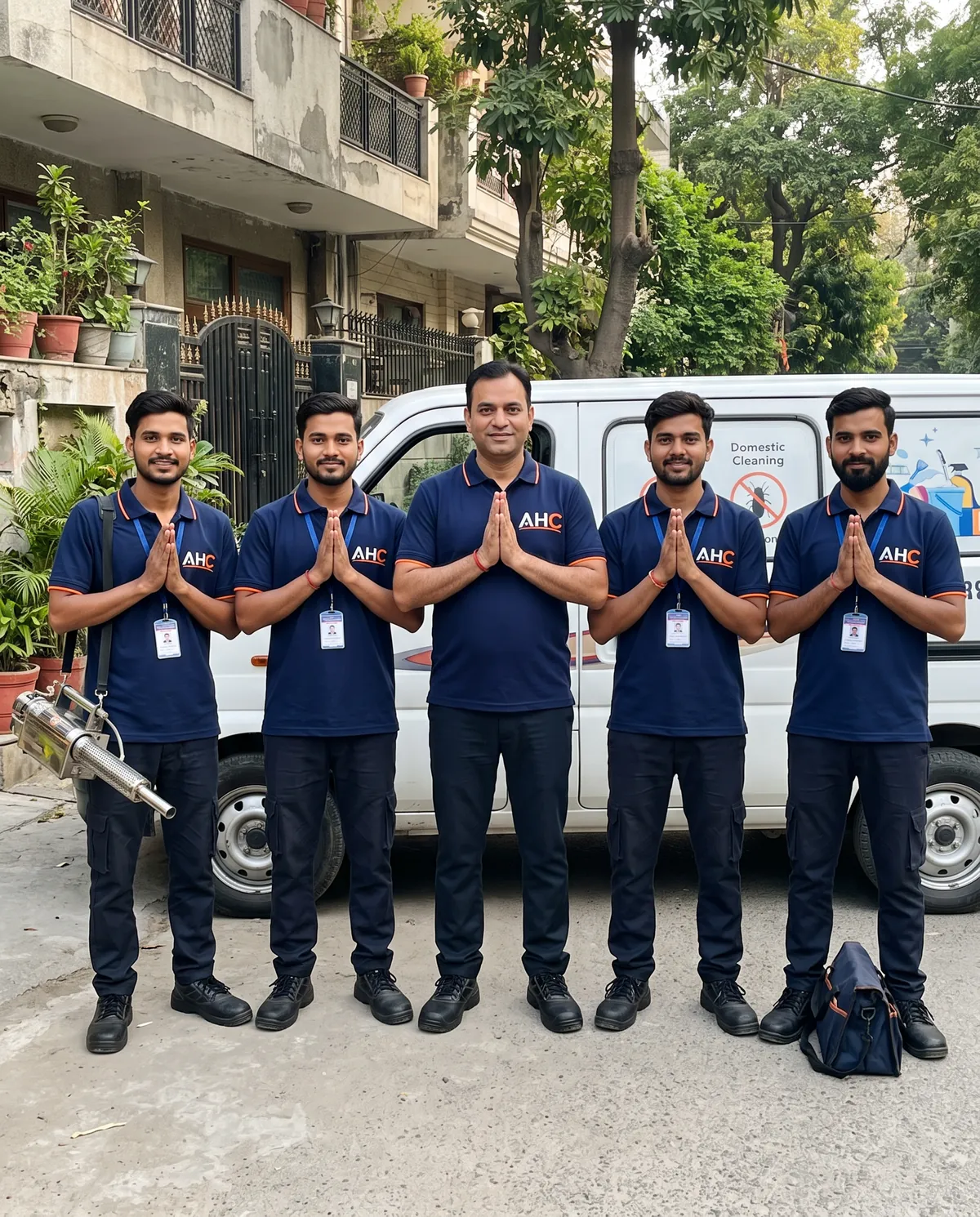 AHC team in navy uniforms and ID cards greeting with folded hands beside the AHC service van outside a Delhi home