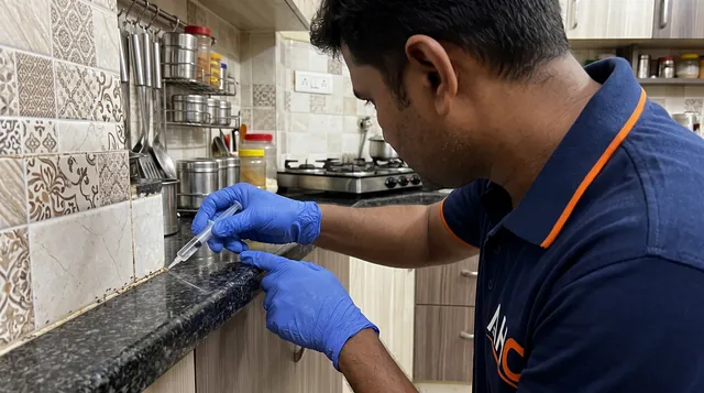 AHC technician applying ant gel bait with a syringe on an ant trail at the kitchen counter