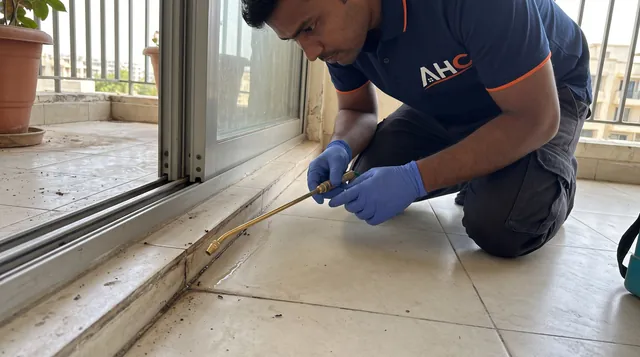 AHC technician treating ants at a balcony sliding-door threshold with a brass nozzle