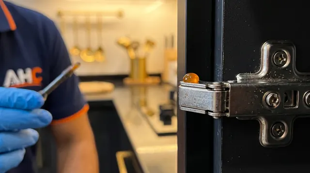 AHC technician applying cockroach gel bait to a kitchen cabinet hinge