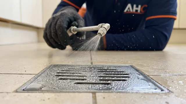 AHC technician spraying a floor drain grate for cockroaches with a sprayer lance