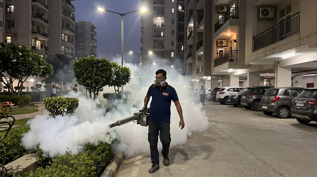 AHC technician in a respirator thermal fogging society hedges at dusk for mosquito control
