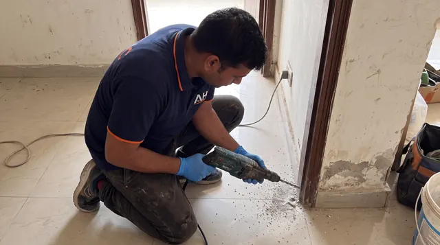 AHC technician drilling holes along a door frame for termite chemical injection