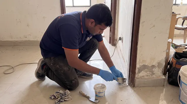 AHC technician sealing drilled termite treatment holes at a door frame base with filler
