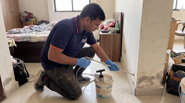 AHC technician injecting termiticide into drilled holes at the wall base with a rod