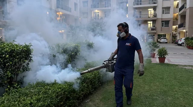 AHC technician thermal fogging hedges in a housing society for mosquito control