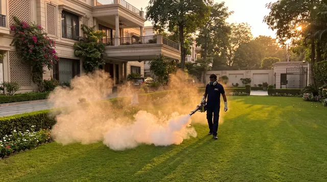 AHC technician thermal fogging a villa garden lawn for mosquito control